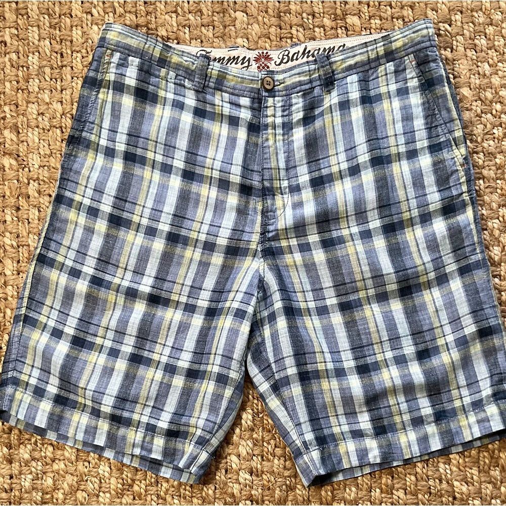 Tommy Bahama Shorts Mens 35 Blue Plaid Linen Blend Casual Outdoor Beach Resort